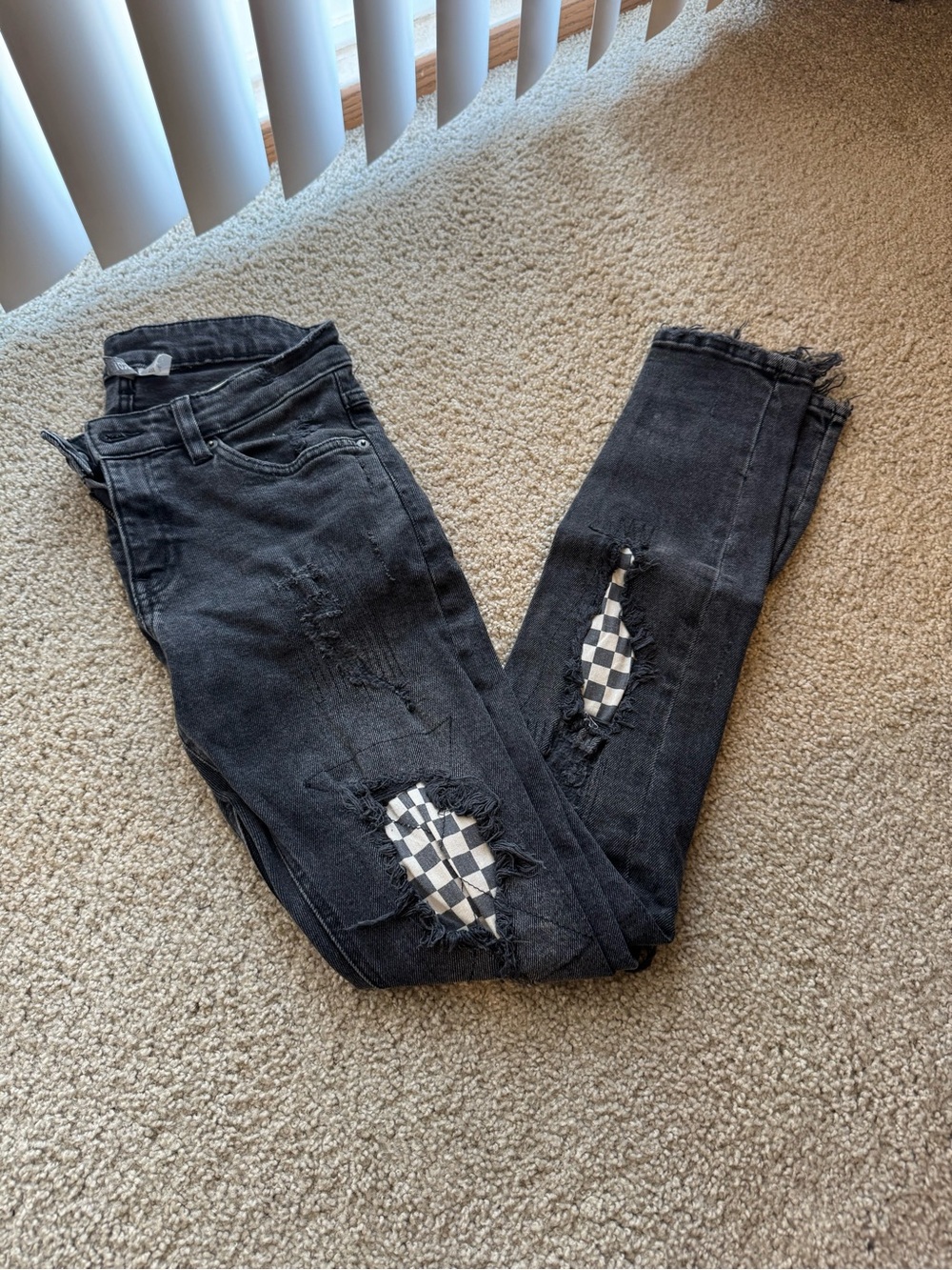 H&M Black Skinny Jeans with Checkerboard Patch Details